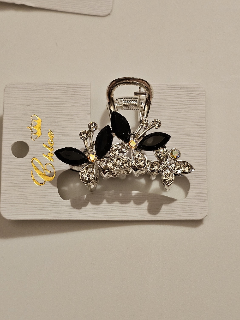 Black and Silver Butterfly Crystal Mini Hair Claw
